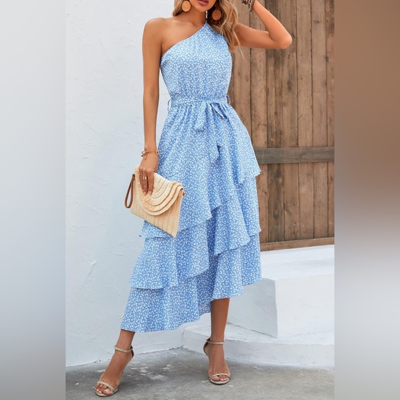 PRETTYGARDEN Floral Sundress Casual One Shoulder Tiered Ruffle Flowy Boho Dress - Picture 3 of 7